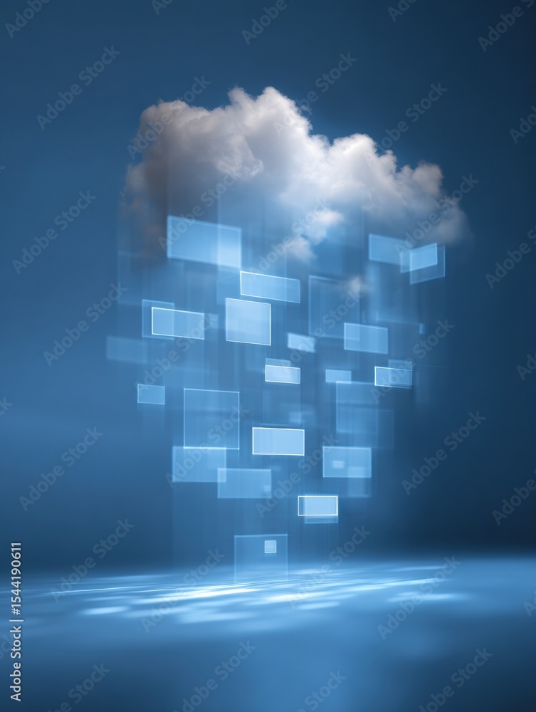 Aufkleber Cloud Computing Illustrated With Floating Application Windows Above a Serene Blue Background Showcasing Digital Transformation