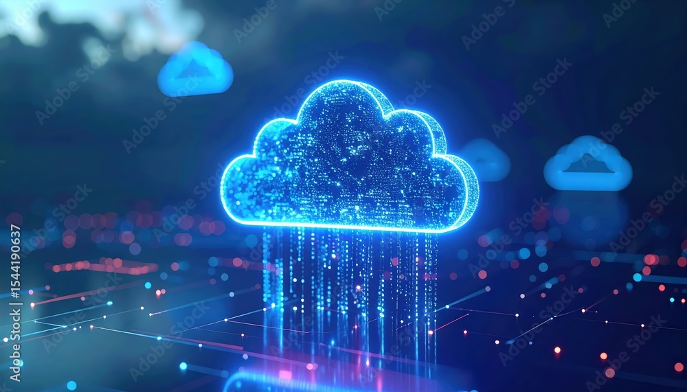 Poster digital cloud computing concept with neon blue illuminated cloud icon and data stream representation