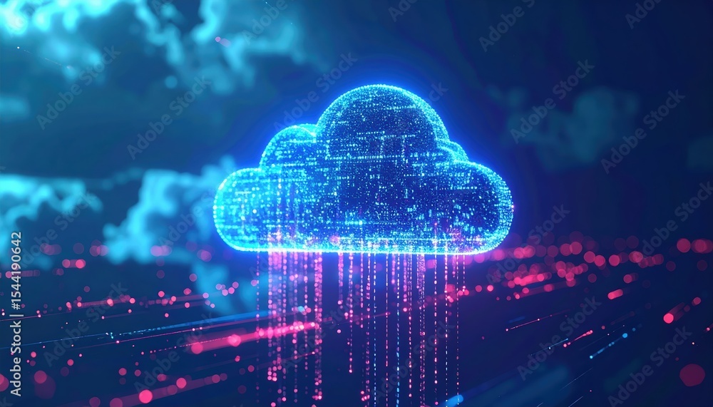 Poster digital cloud computing concept with neon light effects and data streams representing cloud storage 