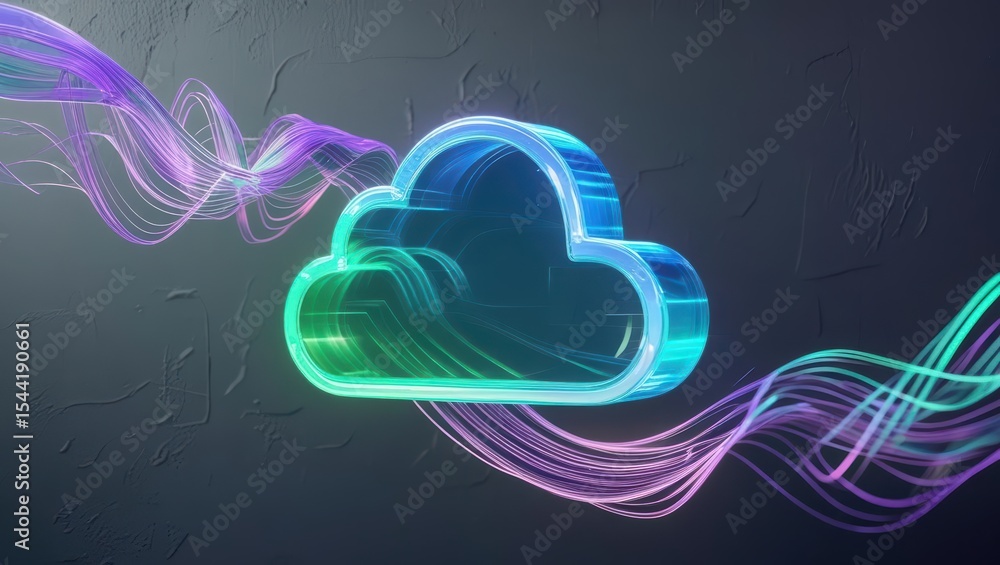 Poster futuristic cloud computing icon with vibrant neon glow and flowing light streaks, digital technology