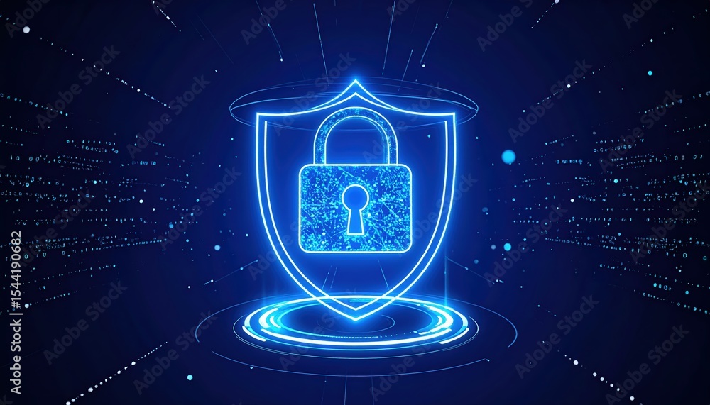 Poster futuristic digital security shield with glowing lock symbol representing cybersecurity data protecti