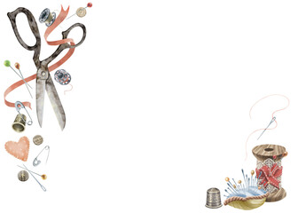 Frame made from sewing supplies. Watercolor Illustration of a frame made from tailoring Items. For designing sewing blogs, workshops, master classes, articles, sewing products, galangteries.