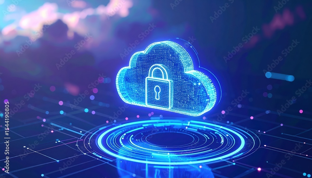 Poster digital cloud security lock icon with technology network background representing data privacy and cy
