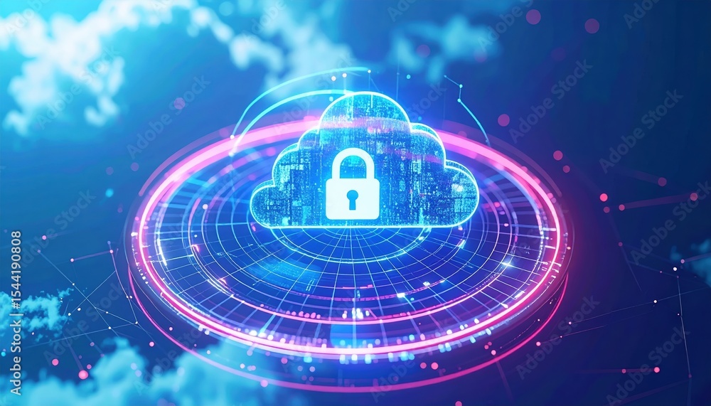 Poster digital cloud security concept with padlock symbol representing cybersecurity data protection and on