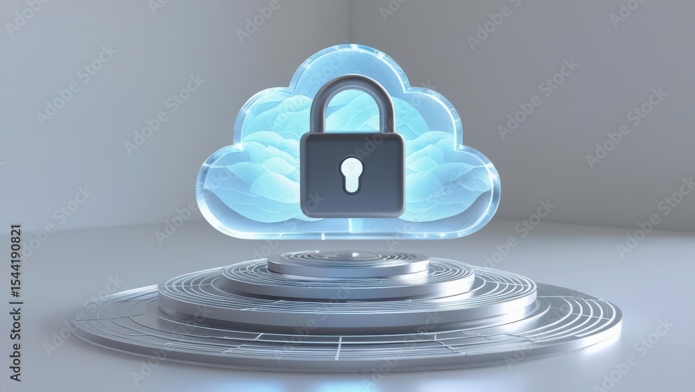 Poster digital cloud storage security concept with cloud icon and lock on a modern technological platform, 