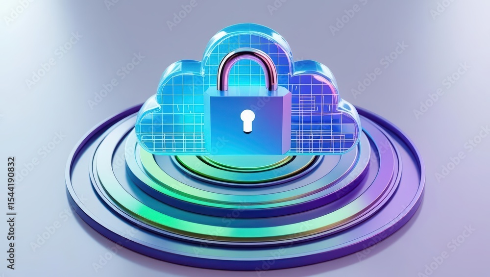 Poster futuristic digital cloud security lock icon interconnected with layered circular platform over a gra