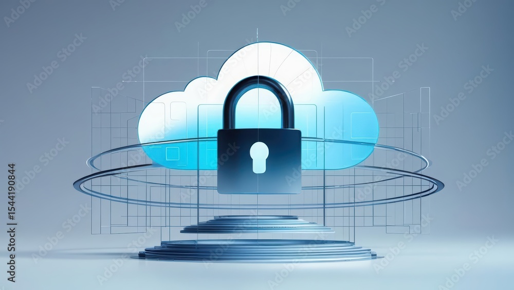 Poster digital cloud storage security concept with padlock and cloud icons representing data protection onl