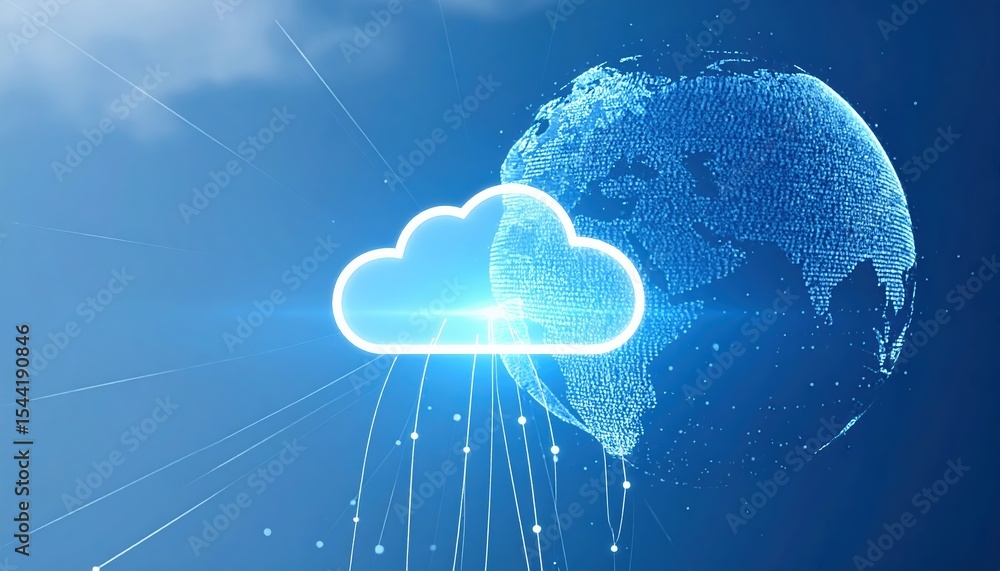 Poster digital cloud computing concept with globe showing cloud technology, data transfer, internet connect