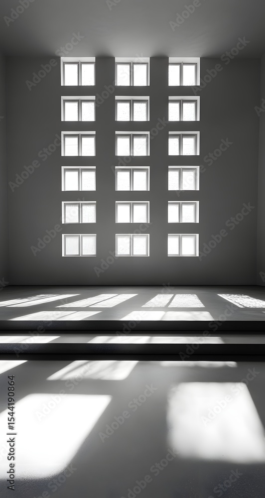 Poster geometric shadows stretch across an empty room with square windows and a central raised platform und