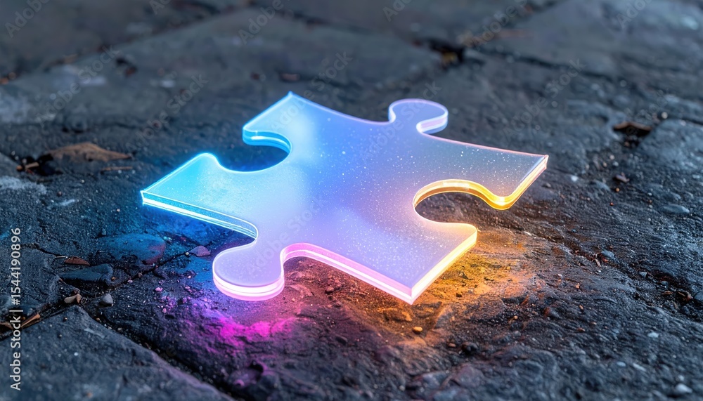 Poster brightly illuminated led puzzle piece on rough dark surface symbolizing problem solving and creativi