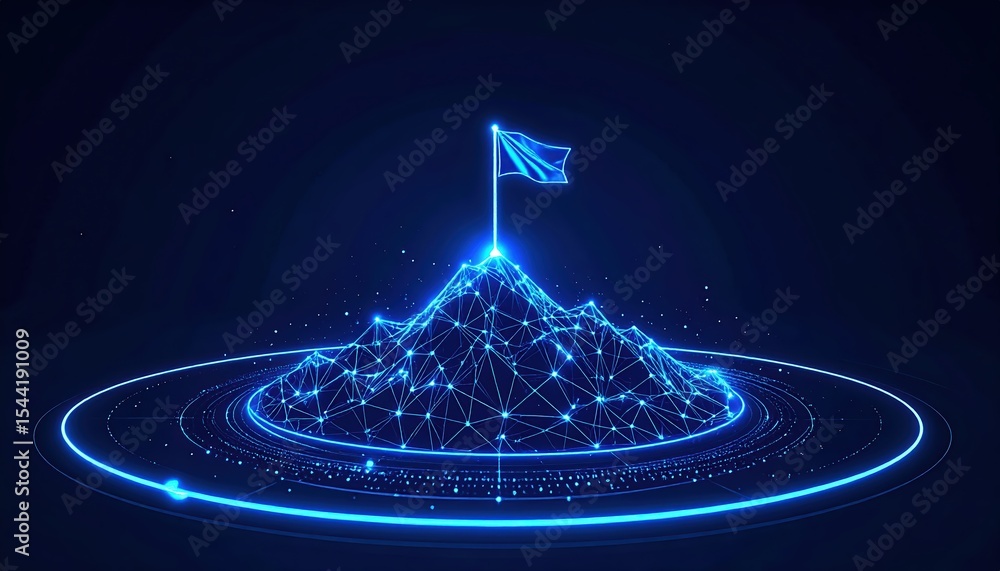 Poster digital glowing mountain with flag represented by futuristic wireframe lines and glowing particles o