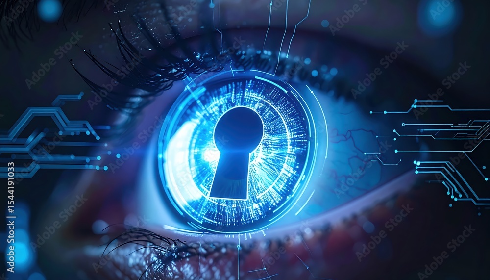 Poster close-up of human eye with digital lock icon and futuristic cybersecurity technology representing pr