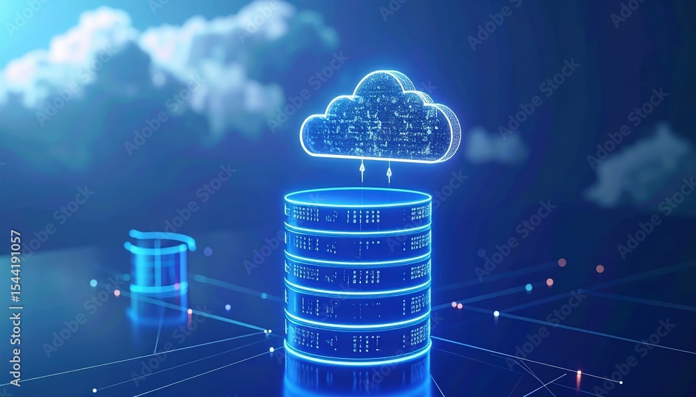 Poster digital cloud computing technology with illuminated cloud icon above a data storage server represent