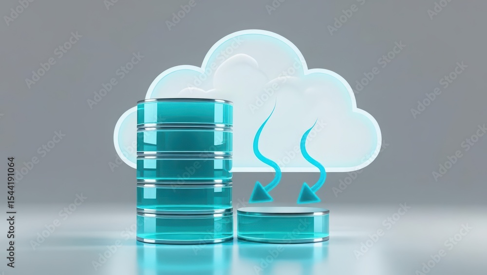 Poster modern digital cloud storage concept with stacked server disks and floating fluffy cloud illustratio