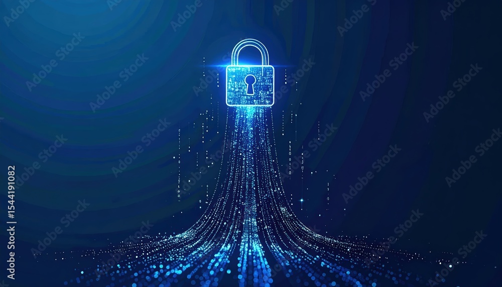Poster digital security concept with glowing lock symbol representing data protection and cybersecurity mea