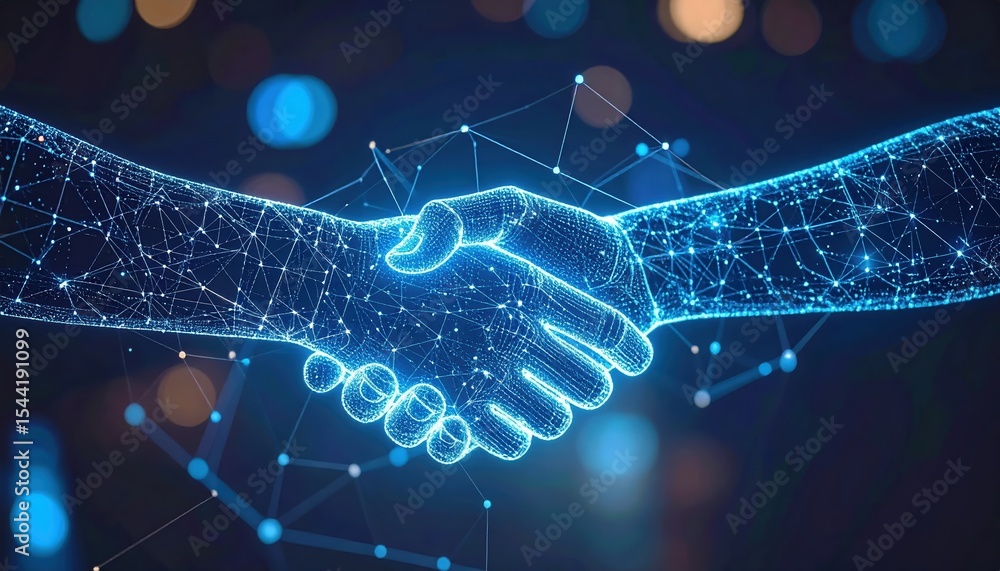 Poster digital handshake represented by glowing connected hands with blockchain and technology network over