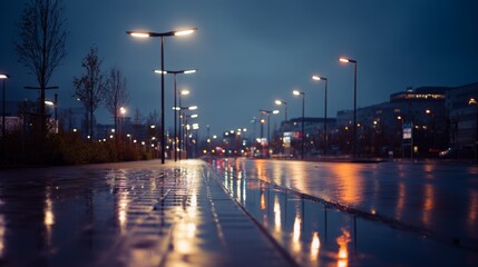 Urban street illuminated by lampposts on a rainy evening with reflections on wet pavement