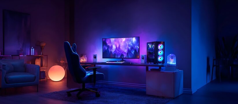 uxury Desk Space: Interior Background with RGB Gaming PC"

"Creative Zone: Interior Design Featuring Ultra-Slim Computer Setup"

"Digital Living: Cozy Interior with Stylish Workstation Design"