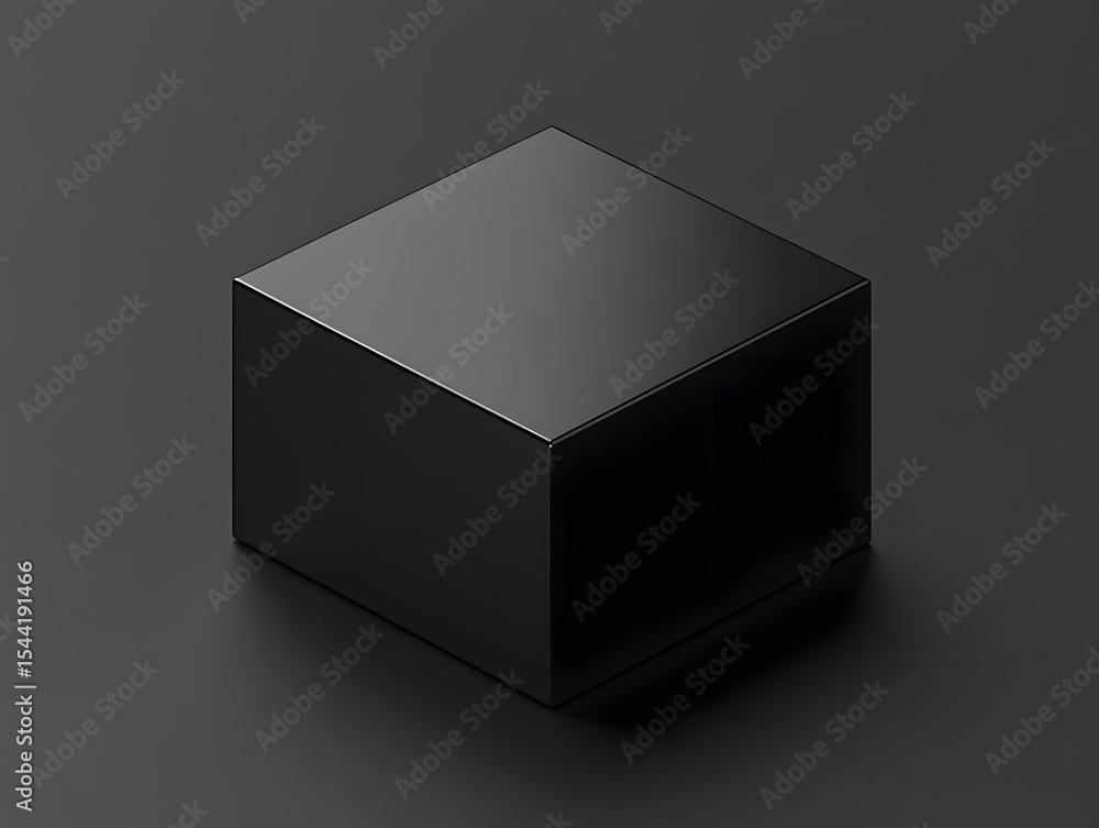Poster black metallic box in isometric perspective, c4d style. dark scene, high-res render with sharp edges