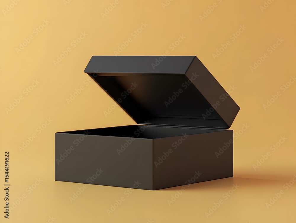 Poster minimal black box with lifted lid on square table. solid-color background with 3d rendering effect, 