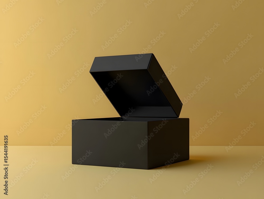Poster open black box on black square table. minimalist c4d-style rendering with solid color background and