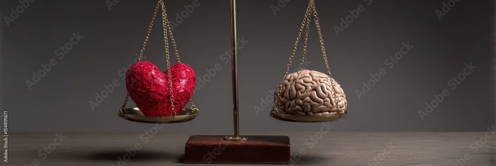 Aufkleber Balancing Heart and Brain on a Scale Symbolizes the Conflict Between Emotion and Logic in Decision Making