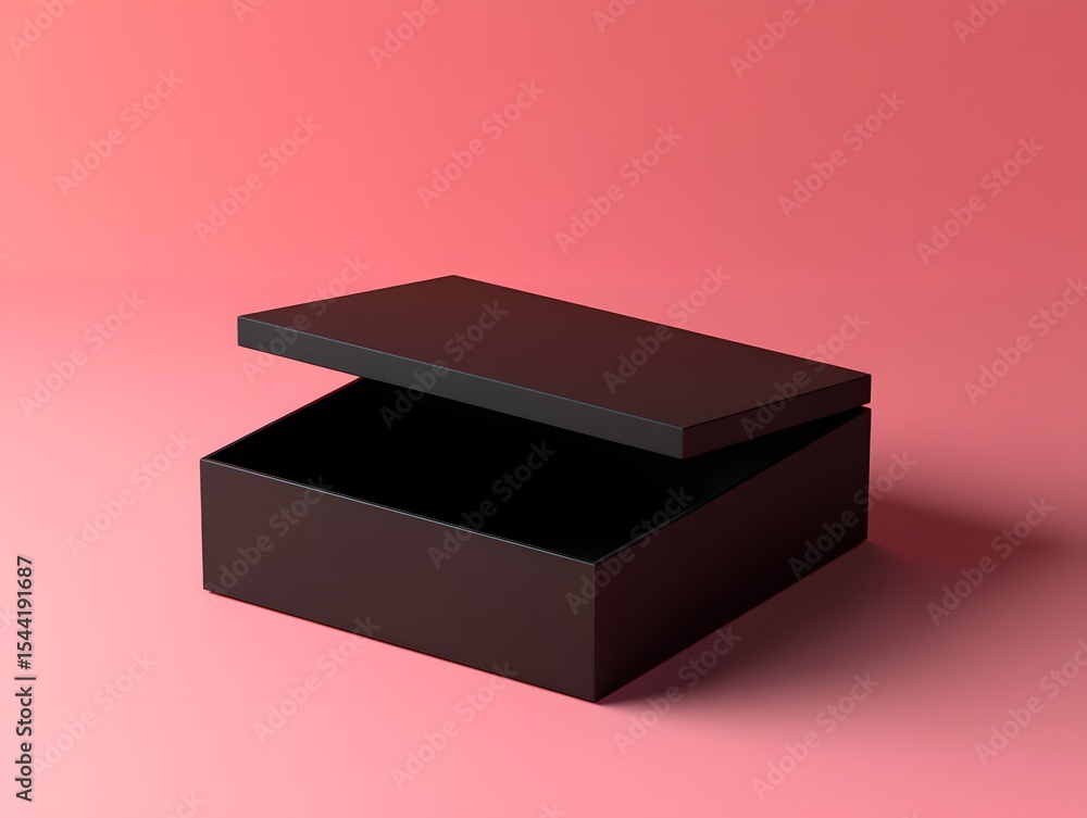 Poster A black minimalist box with an open lid sits on a black square tabletop. Solid background and C4D-style render with clean, modern aesthetics.

