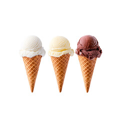 Three ice cream cones with different flavors isolated on a white background


