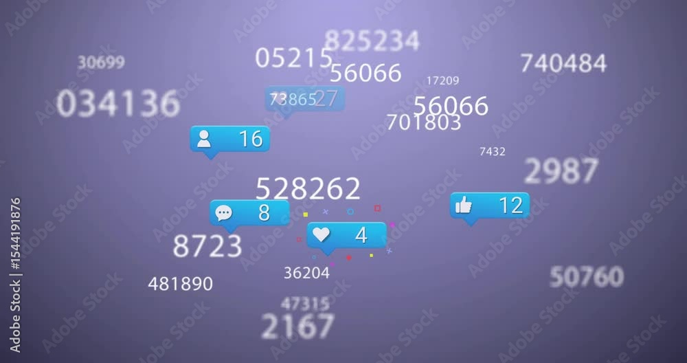 Poster purple gradient appearing, metric bubbles floating rotating incrementing counts showing engagement