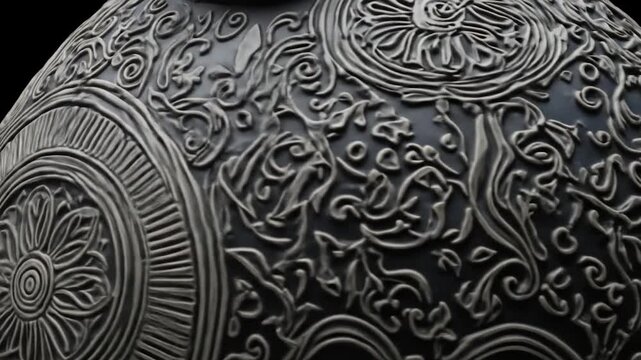 Intricate Ornamentation: A Detailed Video of Embossed Floral and Geometric Patterns on a Dark Surface