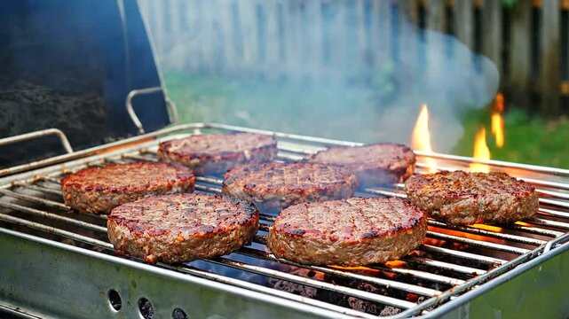 Grilling Juicy Beef Burgers on a Backyard Barbecue with Flames and Smoke in the Background