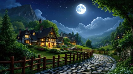 Lush, moonlit village nestled in a valley.  Mountain backdrop, cobblestone path winding through green fields and homes with dark roofs.  Full moon illuminates the scene
