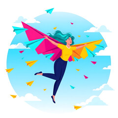 Businesswoman Flying Through Sky on Paper Planes