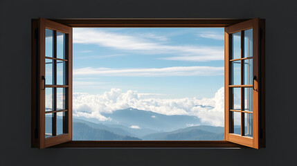 An open window frames a stunning view of hills and clouds, inviting a sense of tranquility and connection to nature.