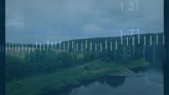 Starting camera panning winding river data bars pulsing and line graph scrolling data visualization