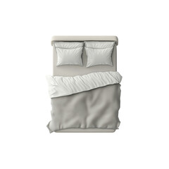 3D rendering of a modern single bed with white and green bedding on a white background

