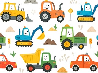 Cute cartoon construction vehicles pattern seamless background for kids