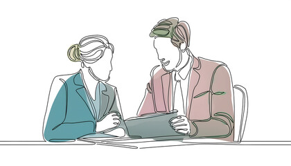 One continuous line drawing of two office worker, man and woman is meeting, Doodle vector illustration in simple linear style.