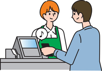 レジでキャッシュレス決済をする男性と対応する女性店員
