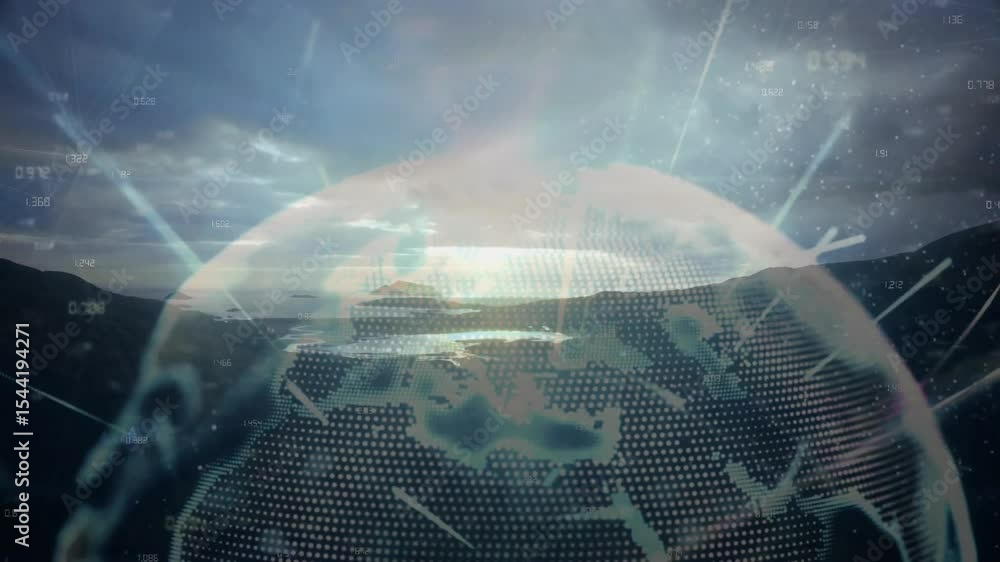 Poster grid arc appearing over lake initiating rotating dotted globe emitting streaks linking networks