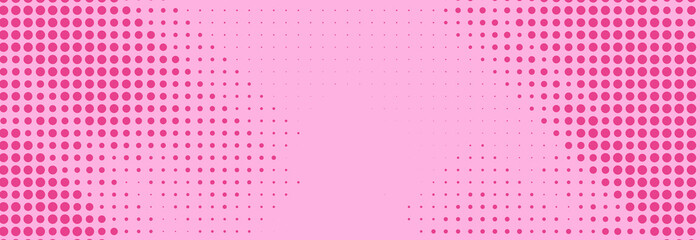 Pink halftone pattern. Retro comic gradient background. Rose pixelated dotted texture overlay. Cartoon pop art faded gradient pattern. Vector backdrop for poster, banner, advertisement