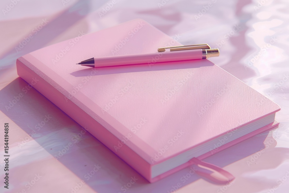 Poster high resolution visual of a pink notebook with a pen on it and a pen on the table