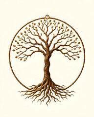 Naklejka premium Boho Mystical Tree Design with Roots and Branches Forming a Circle, Embroidered Texture Effect, Ancient Symbol of Life and Balance