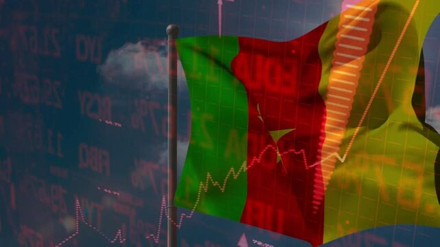 Light breeze lifting Cameroon flag fluttering as stock overlays depicting arrows for growth trend - Powered by Adobe