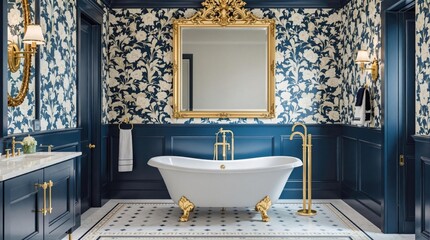 Luxurious, classic bathroom with navy blue accents, gold details, and a clawfoot tub
