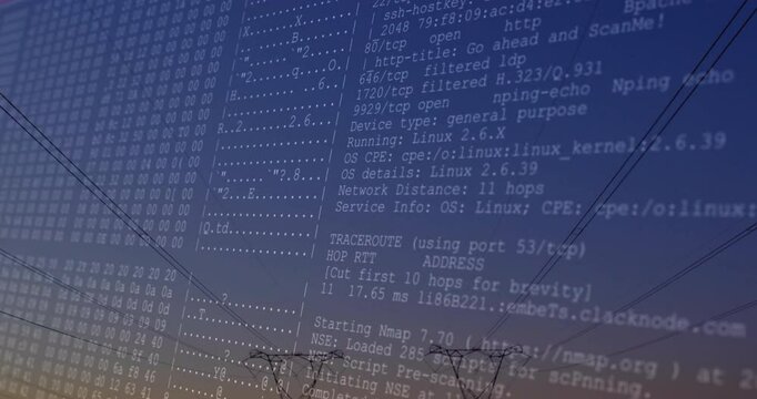 Faint data flashing starting Nmap scan overlay scrolling over pylons, visualizing scan data