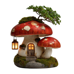 Enchanted mushroom house figurine isolated on transparent background