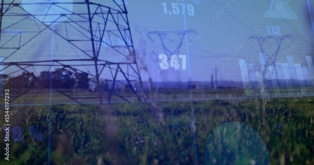 Poster digital graphics fading in over grassy plain, data charts climbing past pylons for power analysis