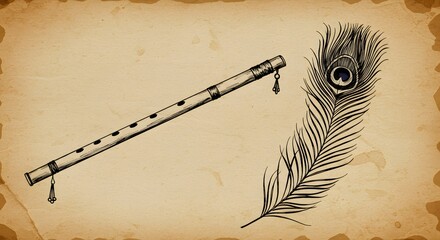 Monochrome Ink Drawing of Krishna's Flute and Feather on a Scroll Background, made by Ai