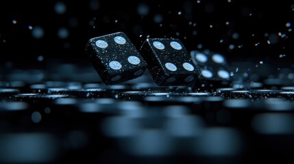 Black dice in mid-air, water droplets